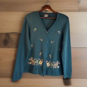Vintage Cardigan M‎ Embroidered V-Neck Teal USA Grandma Cottage Floral